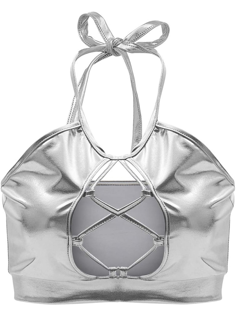 Women's Metallic Keyhole Cutout Backless Halter Rave Dance Crop Tube Top Bra